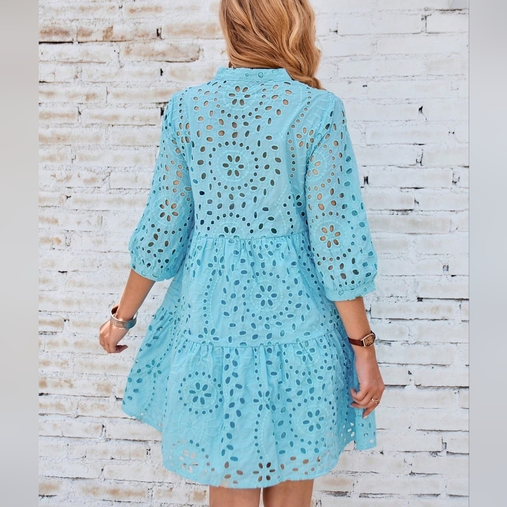 Eyelet Embroidery Button Front Smock Dress - Picture 2 of 5